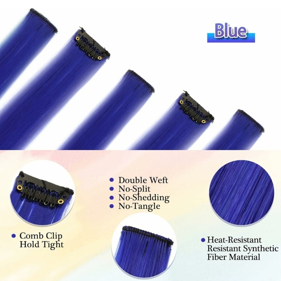 BARSDAR 12 Pcs Blue Colored Clip In Hair Extensions - Picture 5 of 8